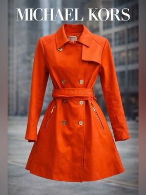 Michael Kors Orange Belted Trench Coat Jacket Double Br